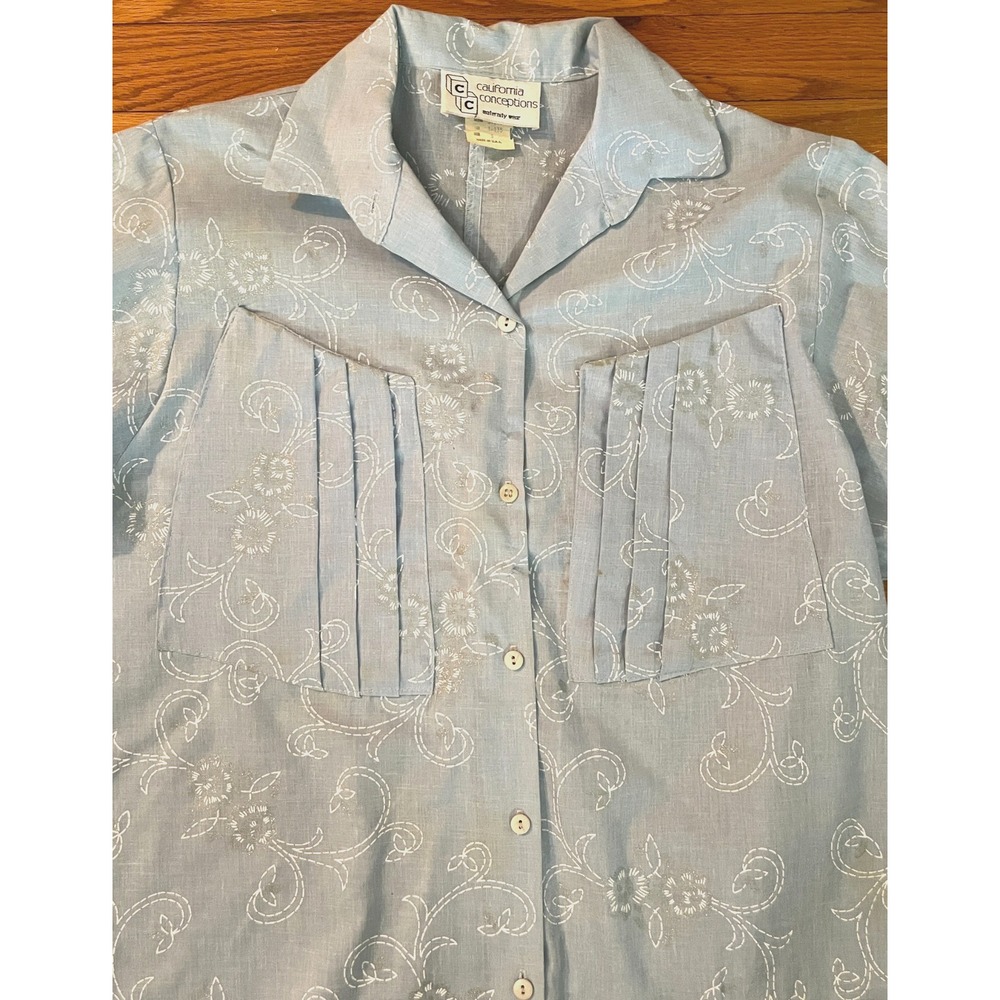 Vintage California Conceptions 60s Maternity Blouse Blue Glitter Floral Small